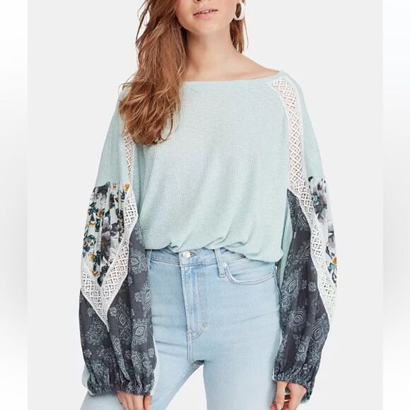 Free People "Casual Clash" Top Sweater Women's Size XS Light Green Mixed Media - Picture 1 of 16